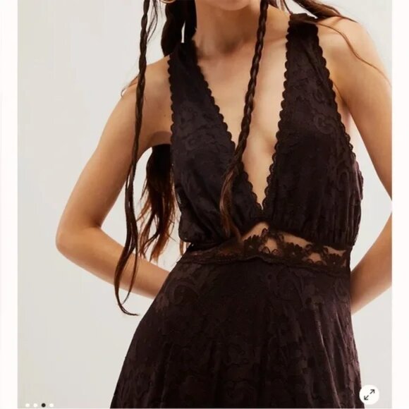 Free People One More Night Pieced Lace Ethereal flounce hem Maxi Dress in Onyx 6 - Picture 6 of 12